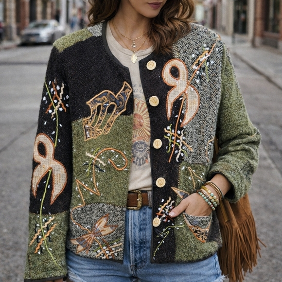 Vintage Jackets & Blazers - Vintage Embroidered Patchwork Jacket Boho Artsy Streetwear Textured Statement